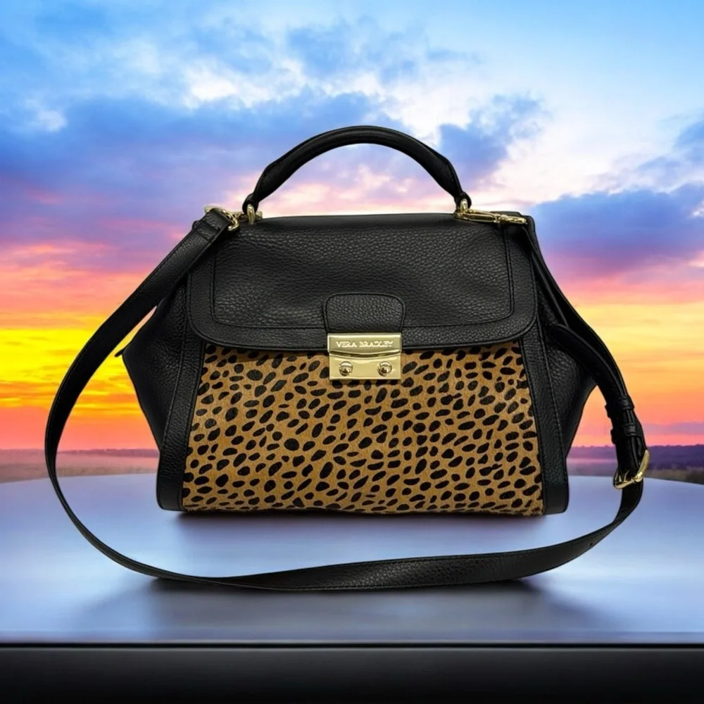 Vera Bradley Stella Mini Satchel Women's Leather Cheetah Black Shoulder Bag -New